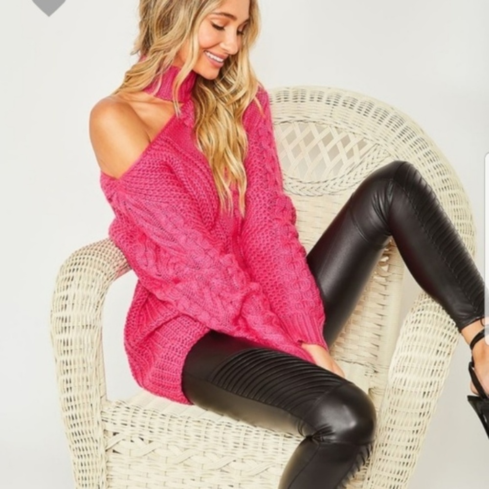 NWT One Shoulder Mock Neck Cable Knit Sweater in Tan, S - Picture 8 of 9